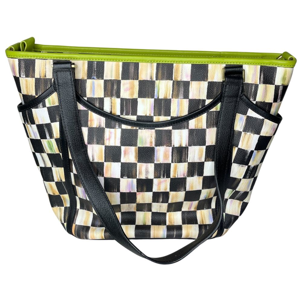 MacKenzie Childs Courtly Check Chartreuse Black Leather Diaper Bag Tote - Picture 2 of 9